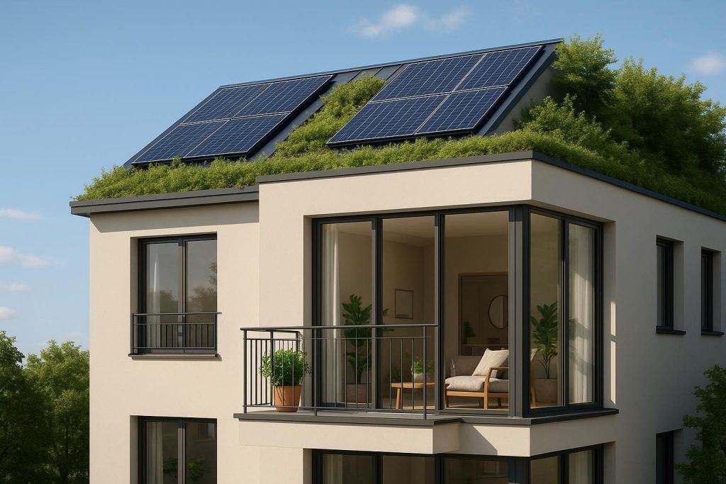 Modern condo with green building features and rooftop panels for energy efficiency.