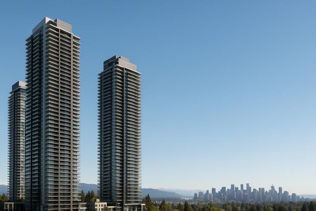 Modern condo towers in Burnaby with the Vancouver skyline in the distance, representing the Burnaby condo market