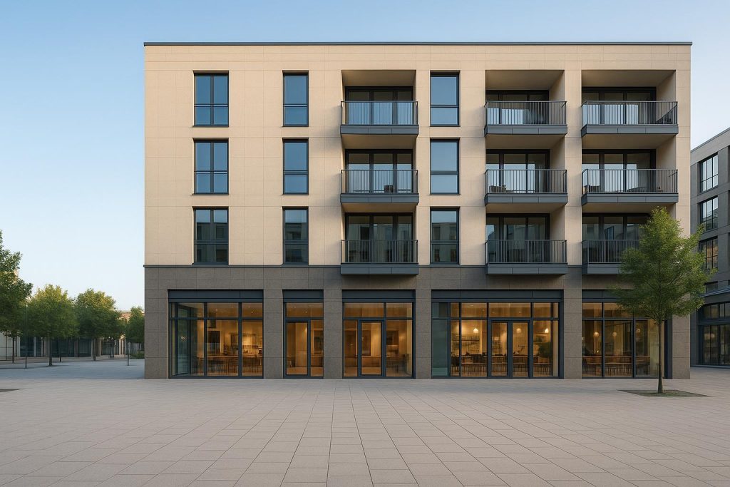 Modern building with commercial space below and residences above, showcasing mixed zoning trends
