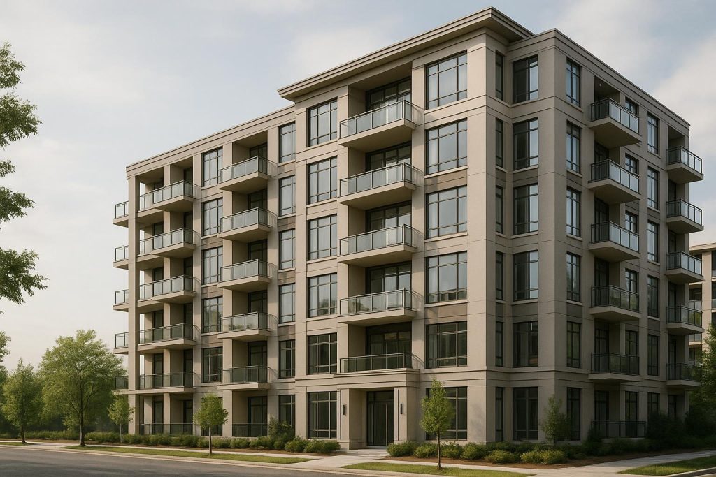 Boutique condo in a modern cityscape showing distinct architectural design