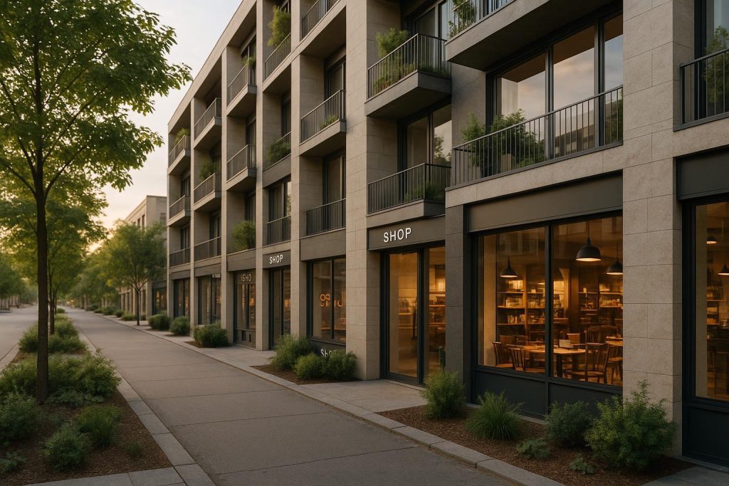 Modern mixed-use property with shops and greenery, appealing to renters.
