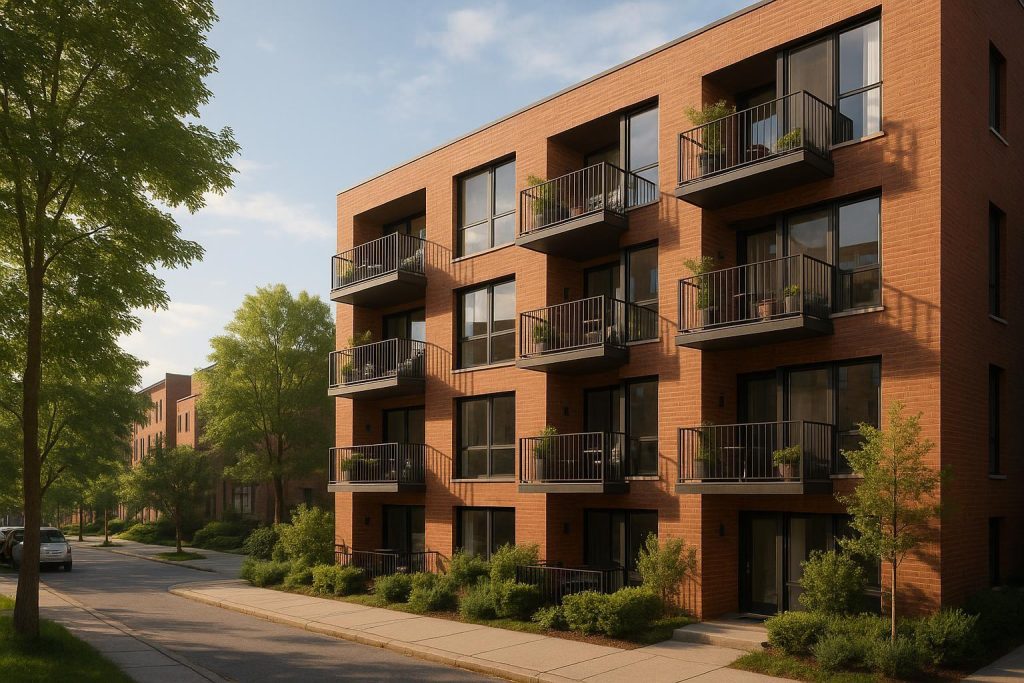 Modern multi-family condo building illustrating an urban condo lifestyle.