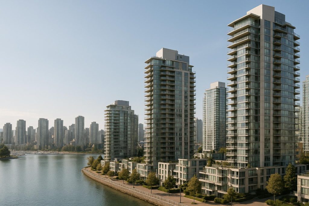 A modern view of pre-sale Vancouver condos rising along the coastline.