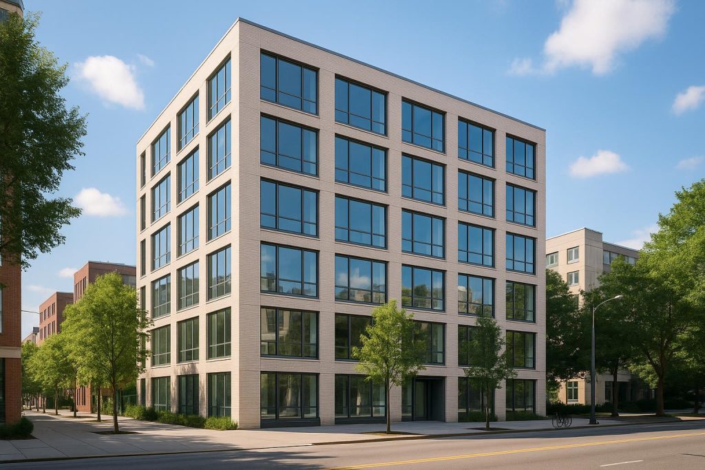 A refined mid-rise building in exclusive modern communities with large windows and minimalist architecture.