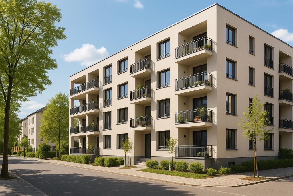 Modern multi-family building showcasing bespoke upscale residences with eco-friendly design.