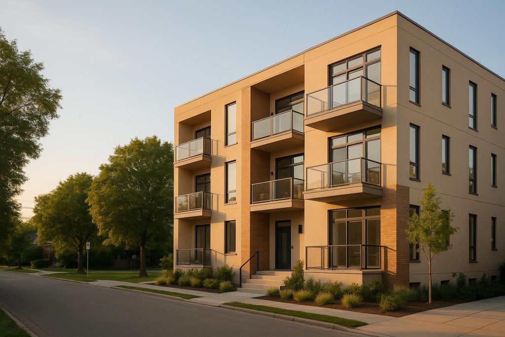 Exterior view of a modern boutique condo building in a quiet area.