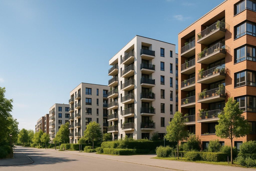 Modern development showcasing multiple housing types in a community mixed-use property.