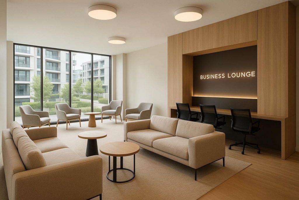 Upscale condo lounge with natural light featuring premium condo amenities for coworking.