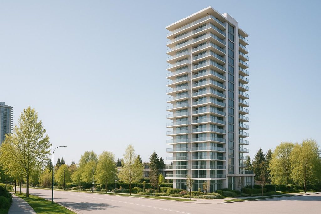 Modern exterior shot of a Central Burnaby condo tower in natural light, capturing a cityscape backdrop.
