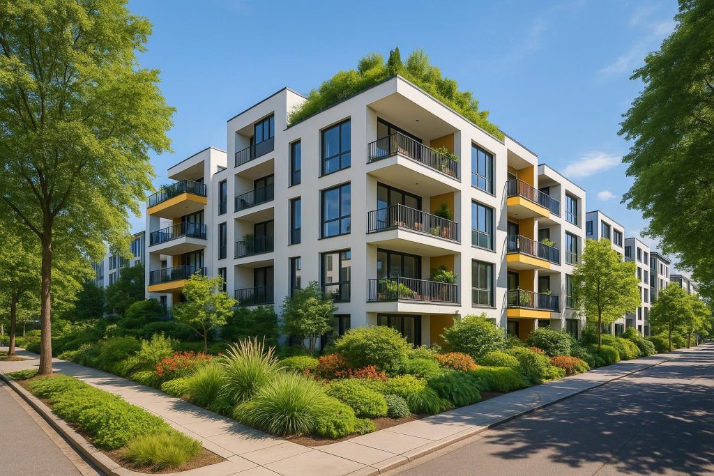 Modern multi-family building showcasing sustainable multi-family design features for local communities.