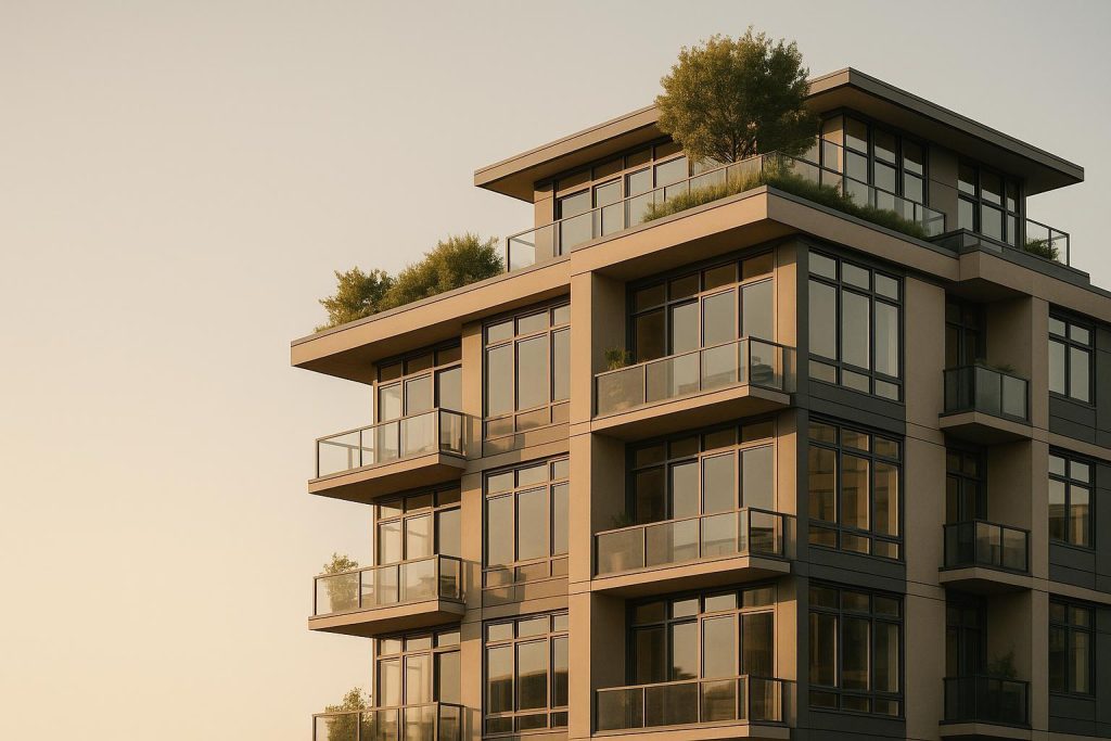 Modern new Vancouver apartments featuring green rooftop gardens and sustainable design elements.