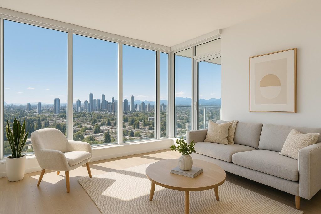 Modern condo high-rise in Brentwood Burnaby with clear sky backdrop.