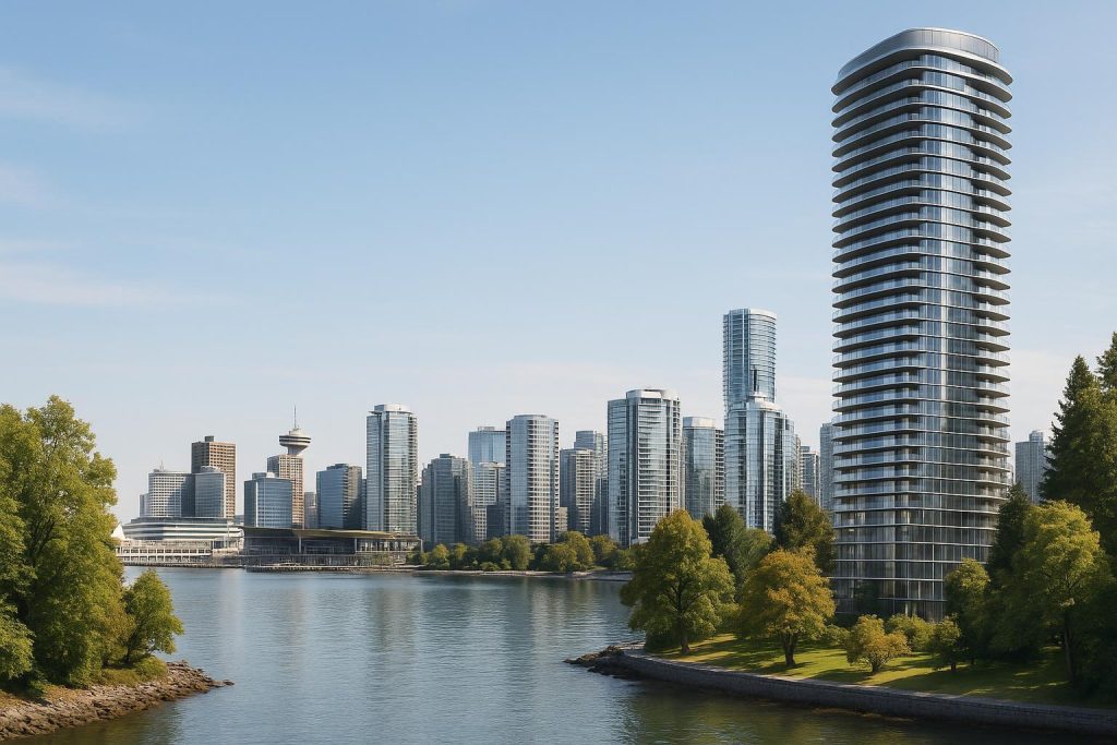 Modern Vancouver cityscape with a new high-rise building, reflecting premium urban developments