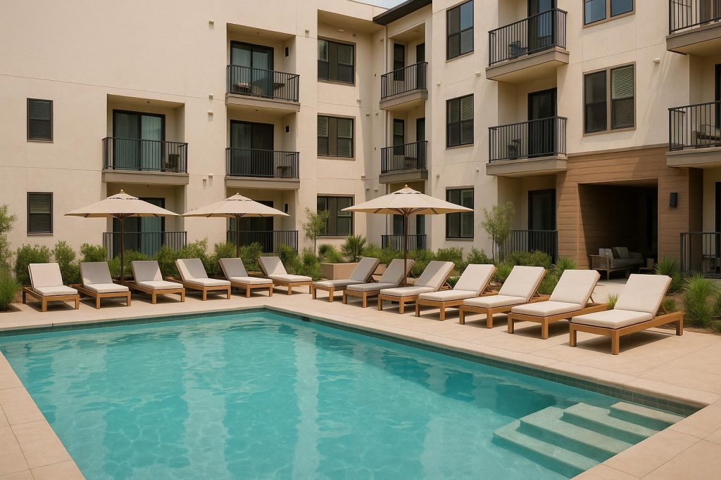 A modern multifamily apartment complex with a shared pool and lounge area.