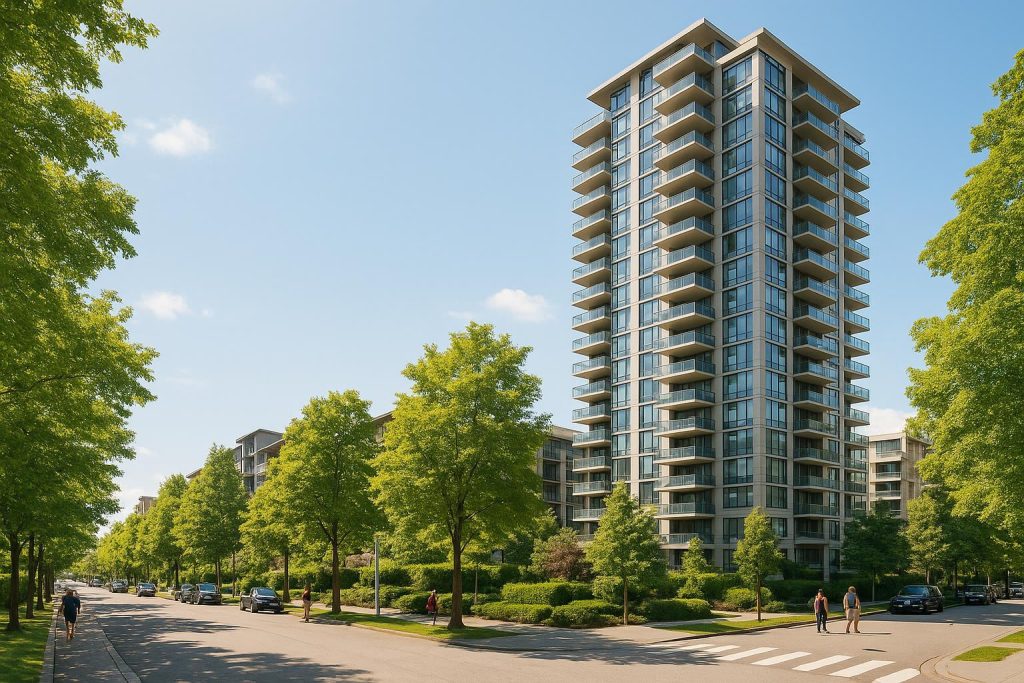 Modern high-density residential building in an active neighborhood with greenery.