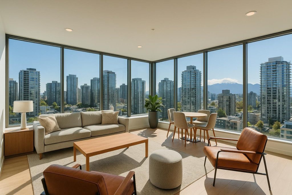 Modern communal lounge in a new Vancouver building, featuring typical new builds vancouver amenities.