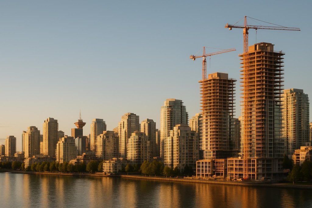 Skyline view of new builds Vancouver with cranes rising above modern towers.