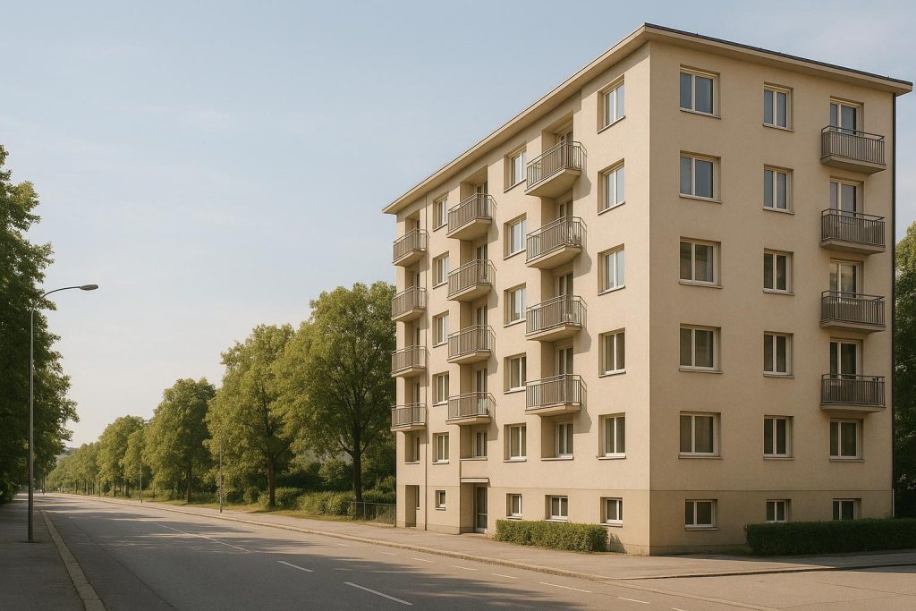 Modern multifamily complex in a bright urban setting.
