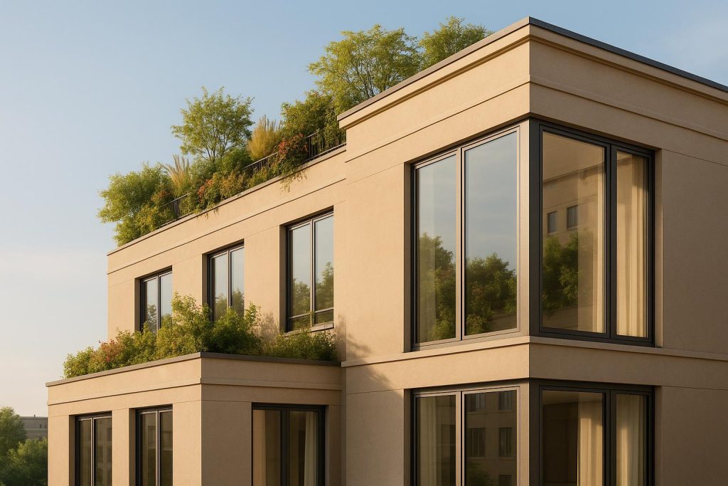 A high-end residential enclave showcasing eco-friendly rooftop greenery and efficient windows.