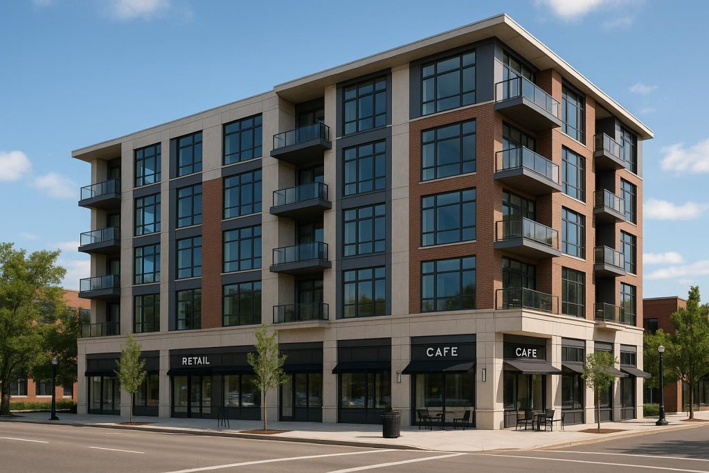 Contemporary mixed-use tower featuring premium condo spaces above retail storefronts.