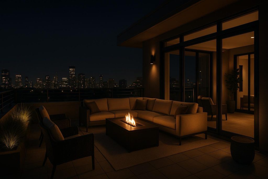 Nighttime view of a condo rooftop lounge with subtle lighting highlighting condo amenities.