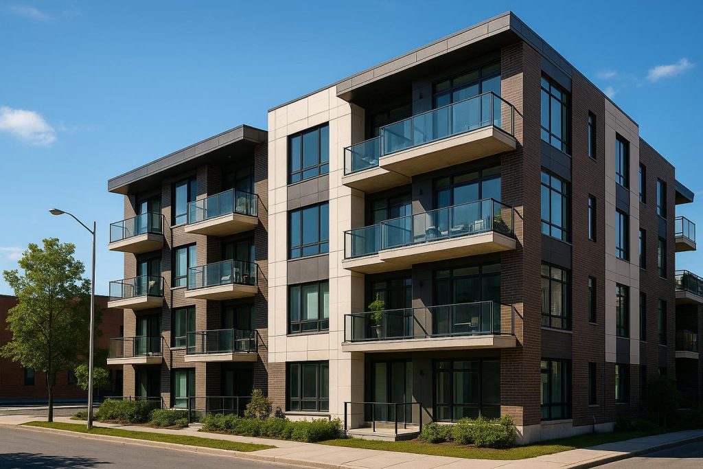 Modern multi-family condominium in a city, demonstrating urban condo investments.