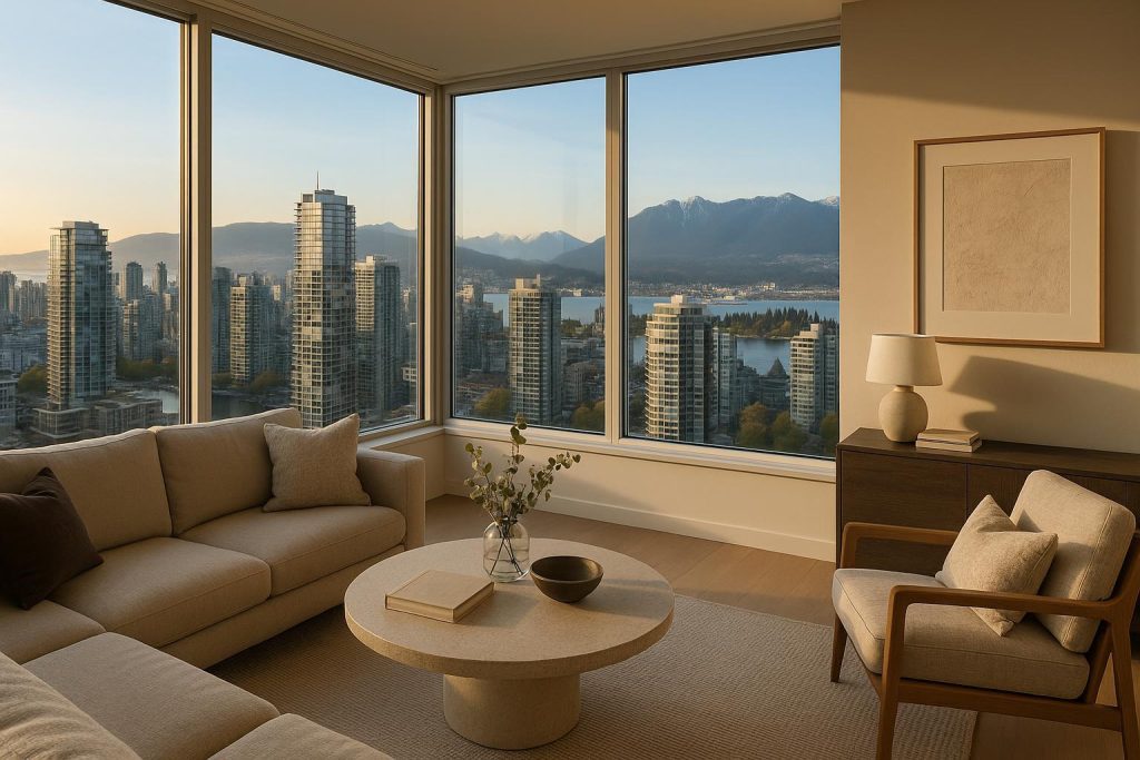 Bright interior of a luxury Vancouver condo with city views