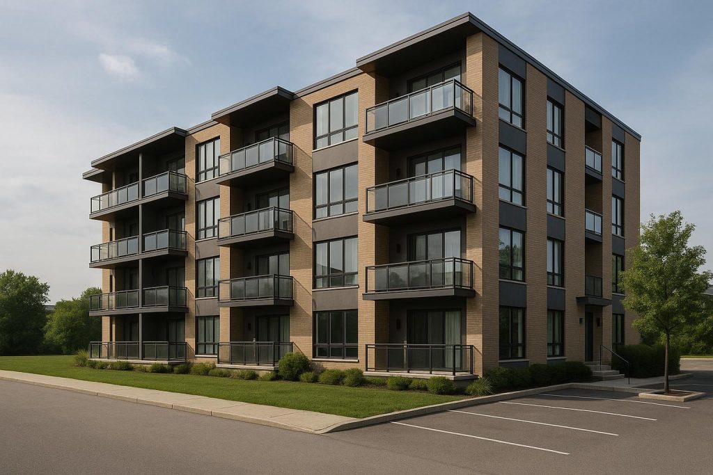 Modern condo building with designated parking spots, showcasing condo amenities.