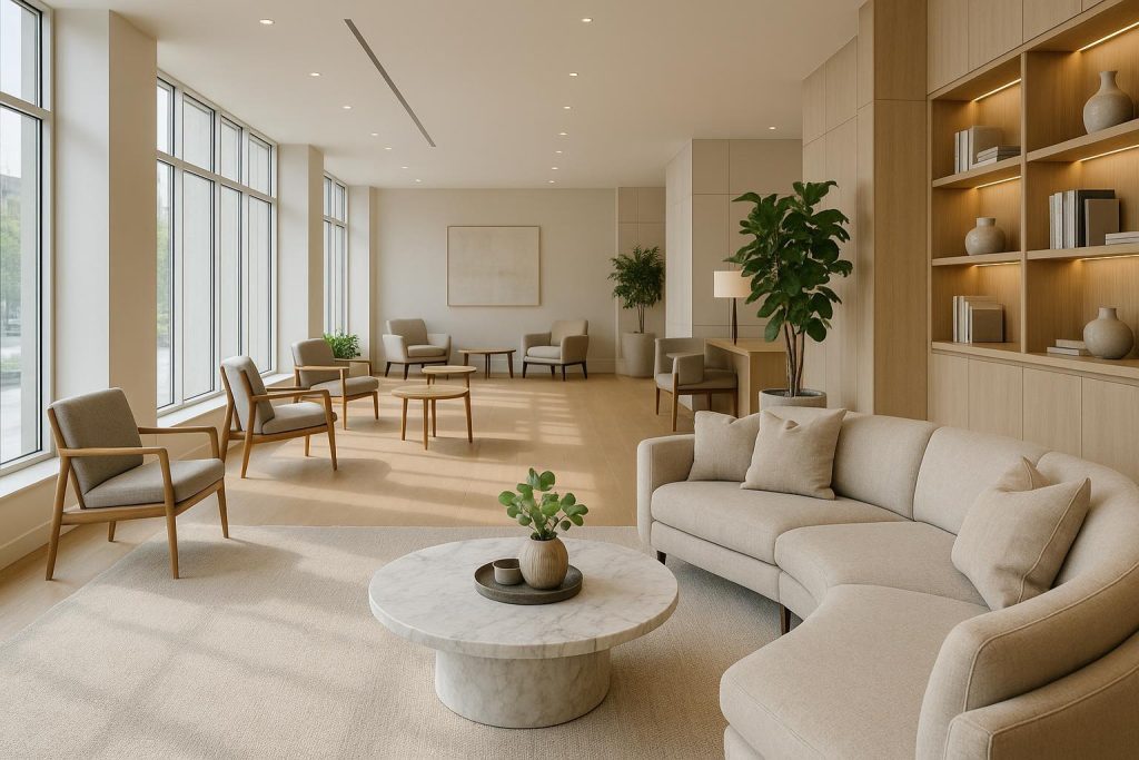 Upscale lounge with premium amenities in a mixed-use development.