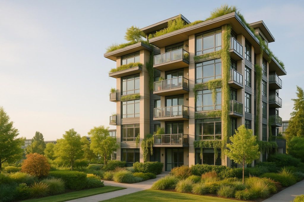 Exterior view of modern Burnaby apartments featuring green building design elements