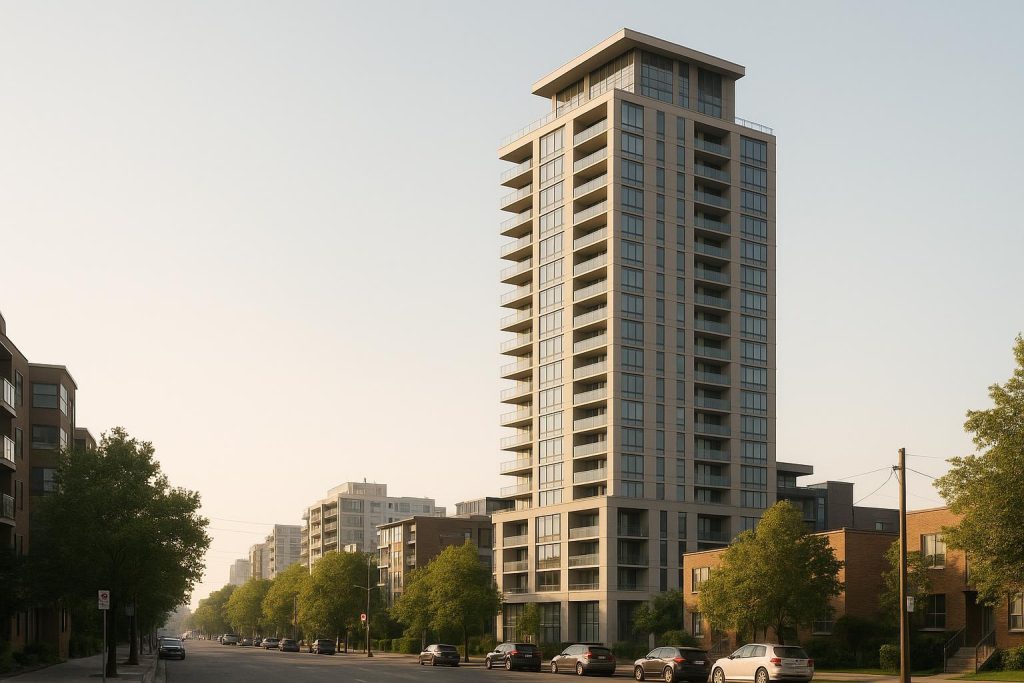 Contemporary condo tower in a lively urban setting, highlighting condo investment potential.