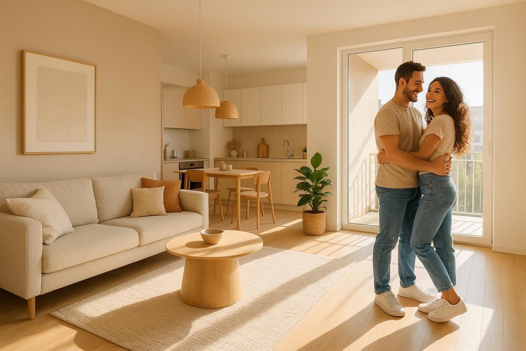 Bright condo interior showing a first-time buyer couple exploring a new space.