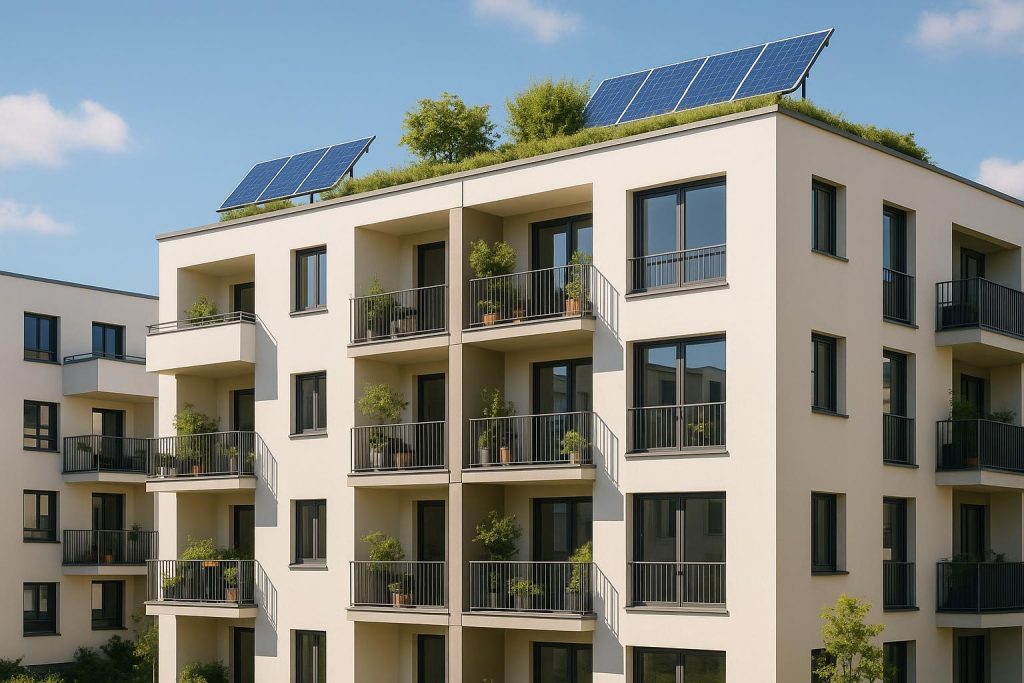 A multi-family development with green building features like rooftop greenery under sunny skies.