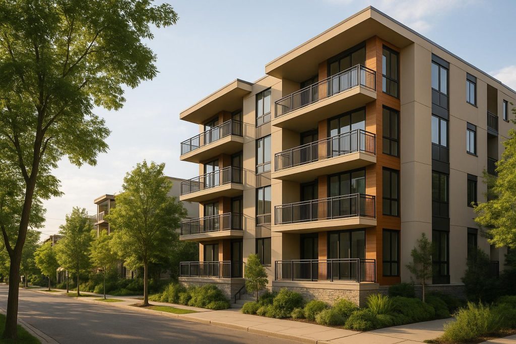 Modern condo building near Brentwood Burnaby condos in warm natural light.