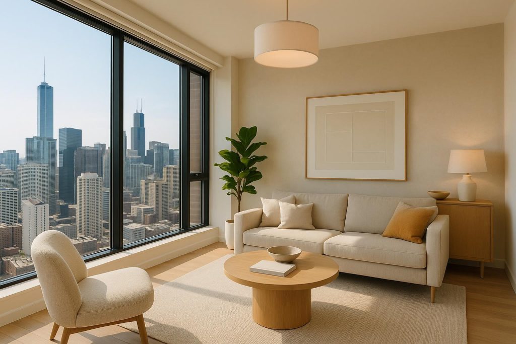 Modern condo interior with skyline view, showcasing condo investment potential.