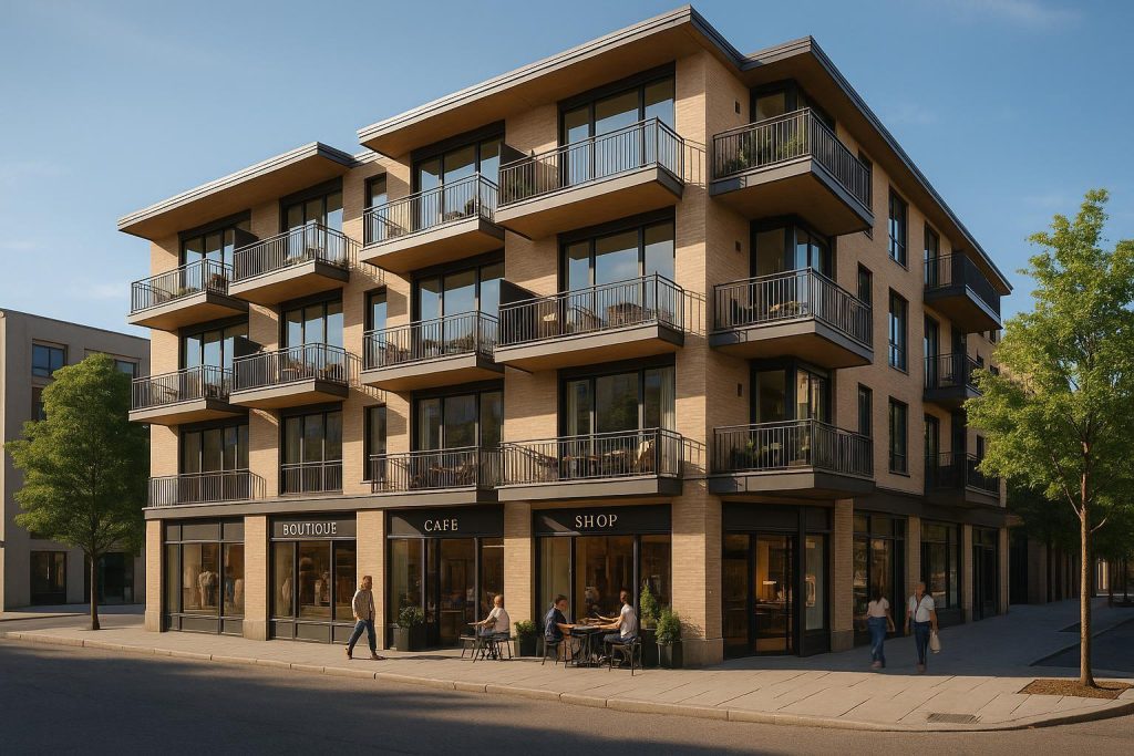 Modern multi-story building with upscale balconies over shops, exemplifying high-end residential enclaves