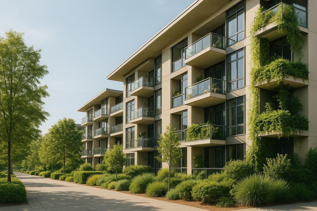 Modern condo with greenery illustrating low-impact design elements