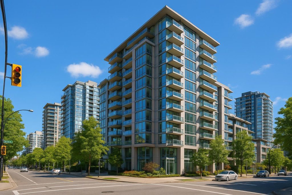 Modern Vancouver condos facade in bright sunlight, suitable for first-time homebuyers.