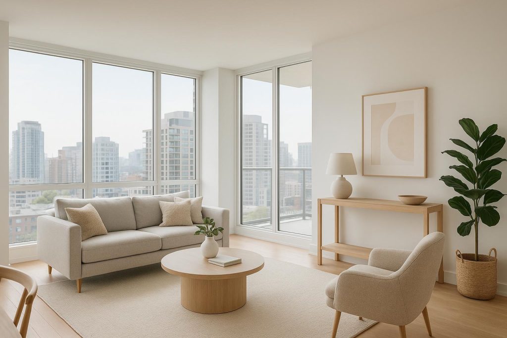 A naturally lit Vancouver condo interior, ideal for downsizing.