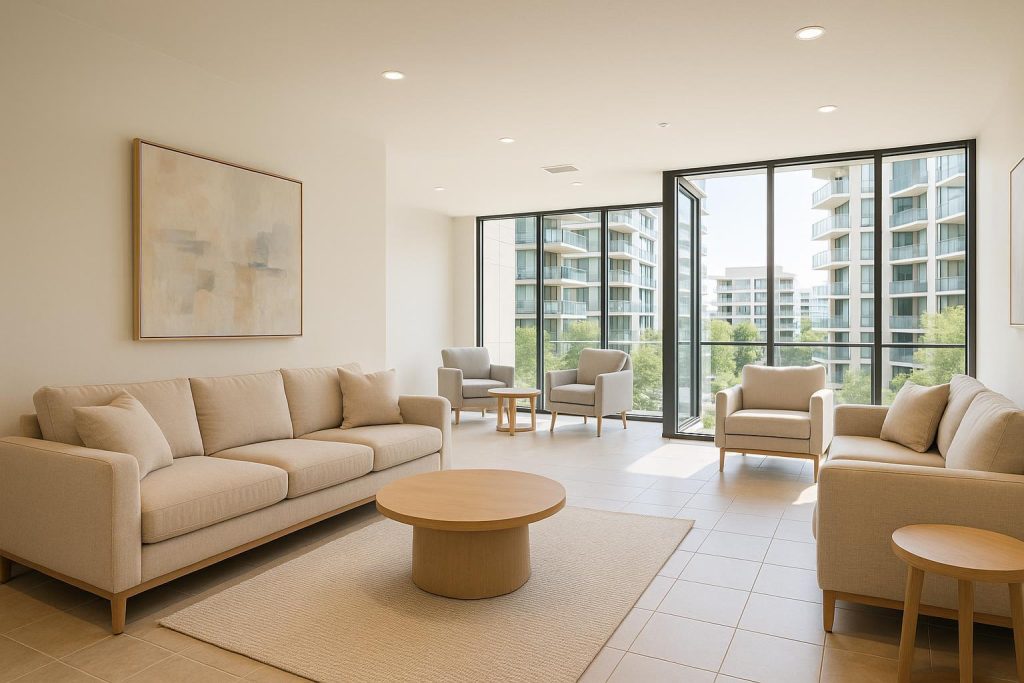 Contemporary condo lounge emphasizing varied condo amenities.