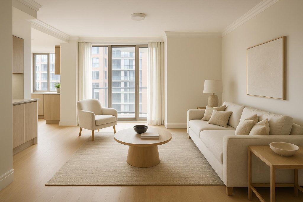 A bright, modern condo living space showcasing potential condo resale value.