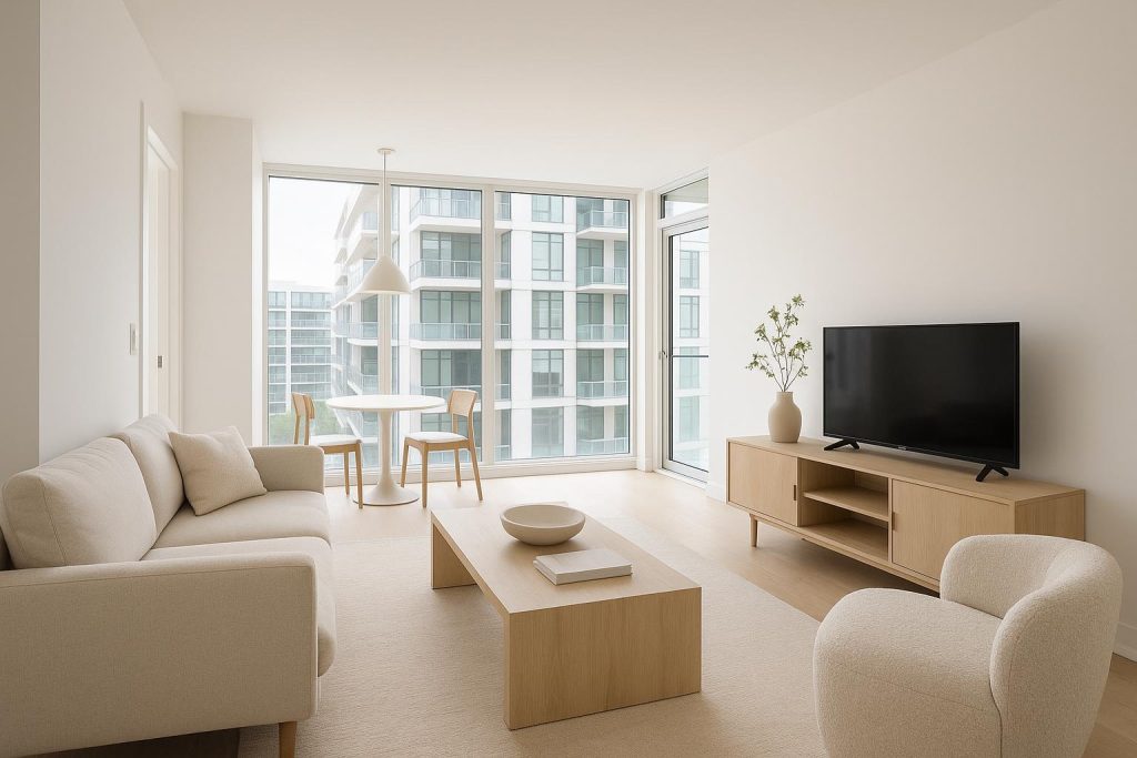 Bright condo interior representing sustainable living spaces with natural light and modern finishes.
