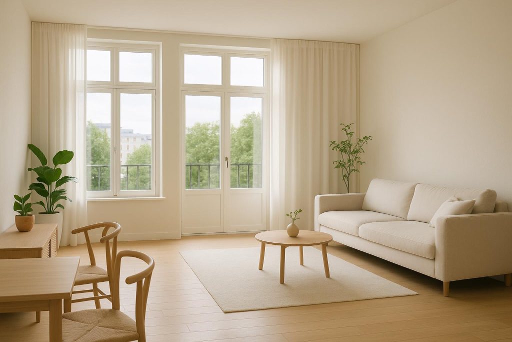 Bright modern apartment interior with plants and ample sunlight, reflecting sustainable living spaces