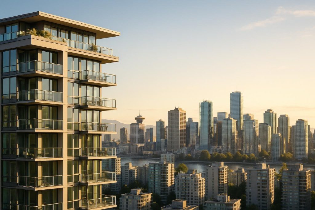 Modern Vancouver condo building against skyline, highlighting condo living.