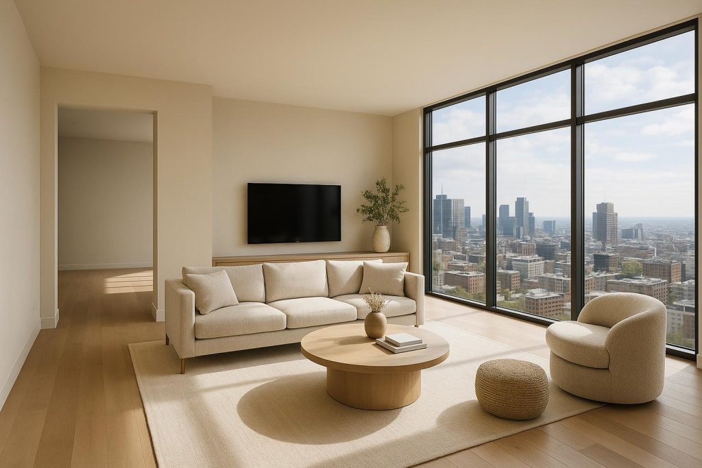Bright, upscale living room in a luxury apartment with panoramic windows.