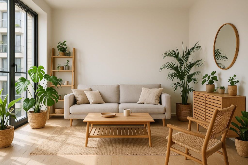 Modern living space with natural light featuring eco-friendly fixtures for sustainable living spaces.