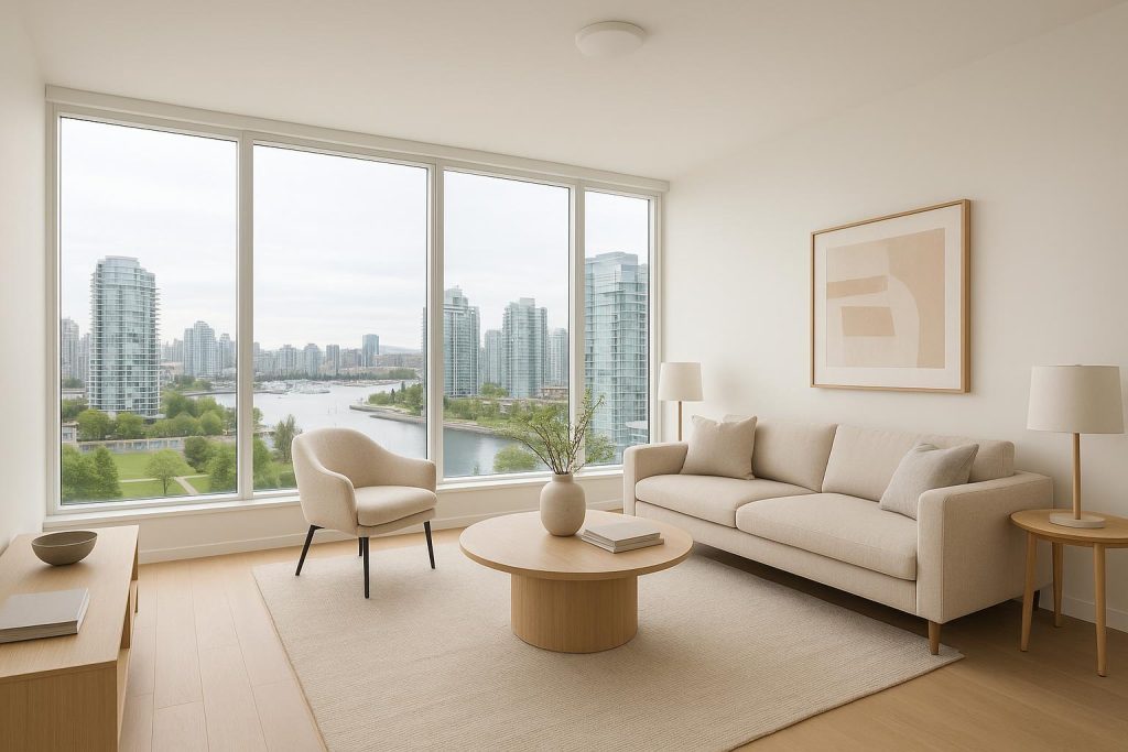 Modern Vancouver condo interior in neutral tones with large windows, minimal furniture, and natural light.