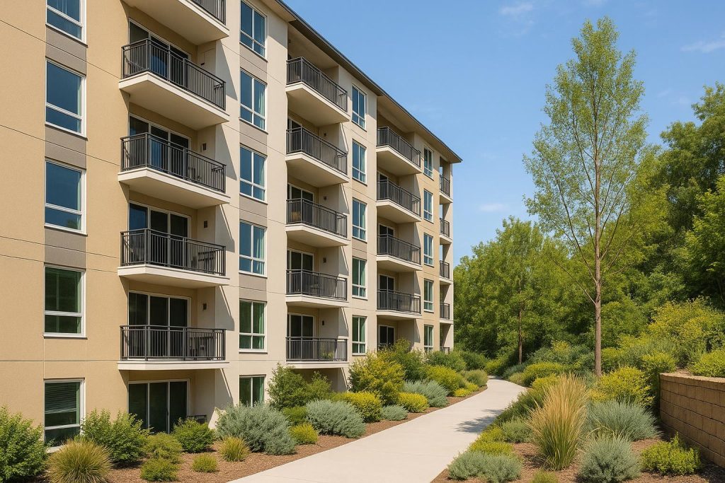 Urban mid-rise apartment building highlighting a tailored project design approach for diverse renter profiles.
