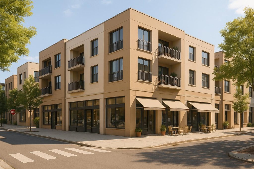 Modern mixed-use development showcasing sustainable living spaces with shops below and apartments above.