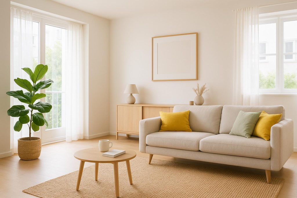 Modern living room featuring a neutral sofa in natural light for sustainable living spaces.